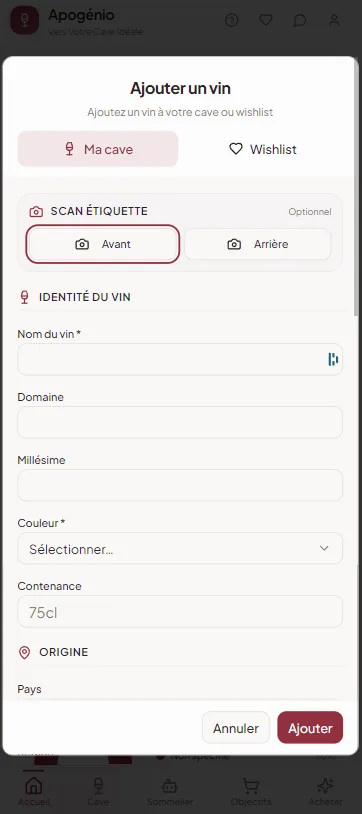 Ajouter un vin Apogenio