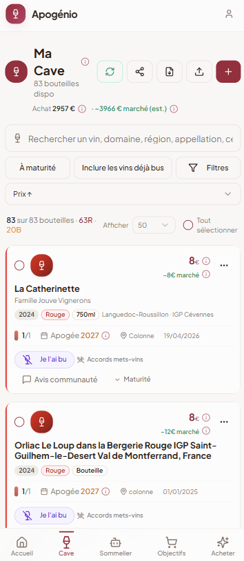 La valeur marché de votre cave, en temps réel dans l'app Apogenio
