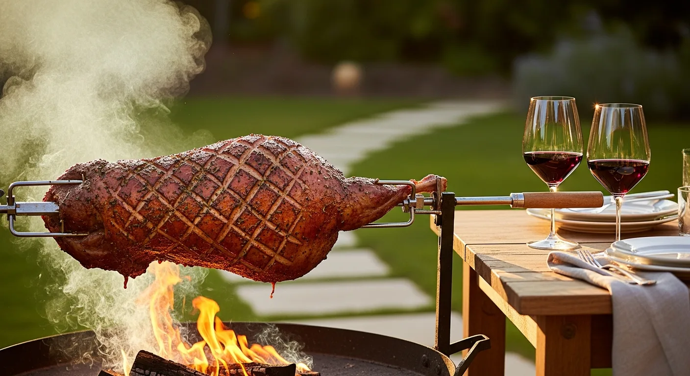 Agneau méchoui rôti à la broche dans un jardin avec des verres de vin rouge