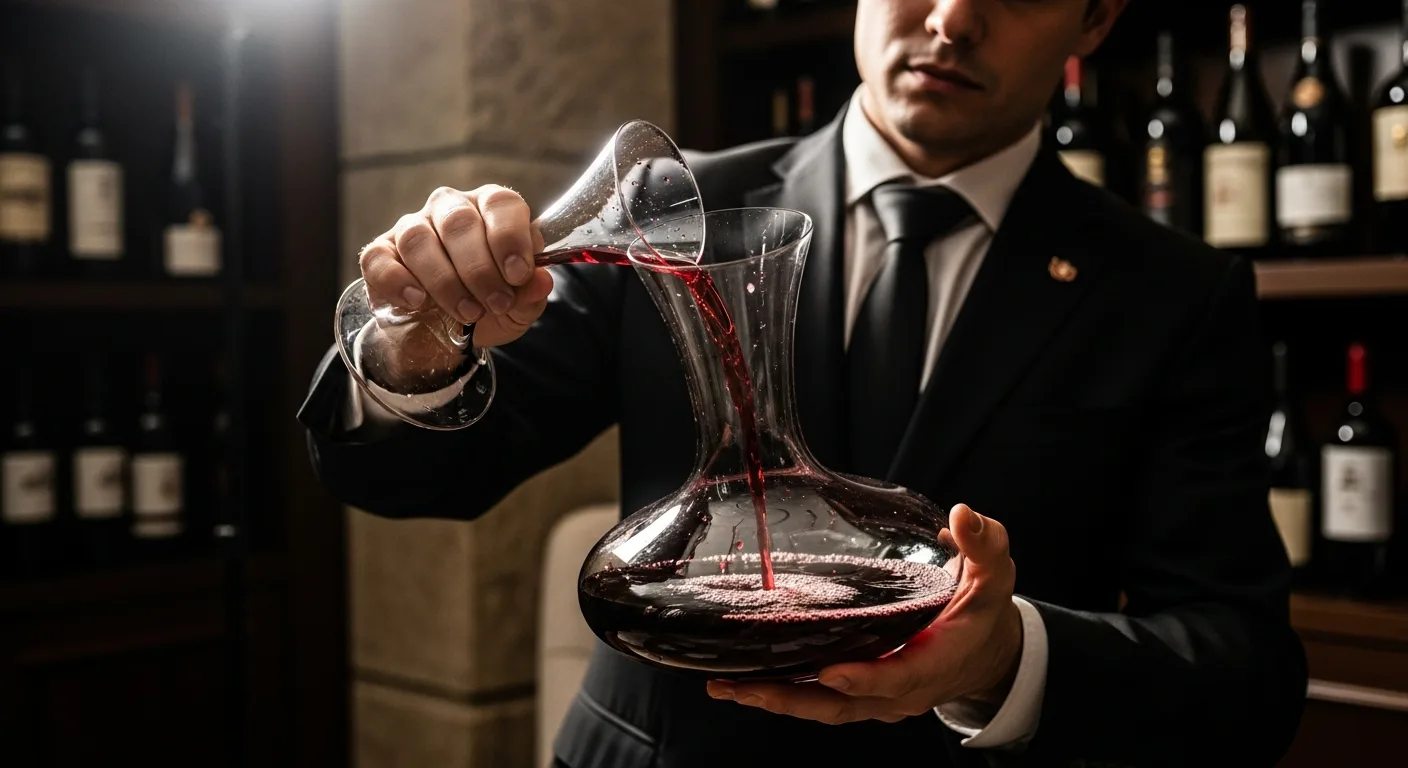 Sommelier en train d'aérer un vin rouge dans une carafe à large fond