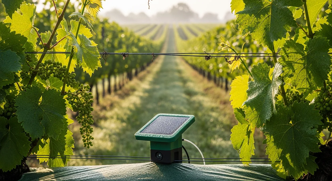 Capteur IoT connecté installé entre des pieds de vigne avec panneau solaire miniature