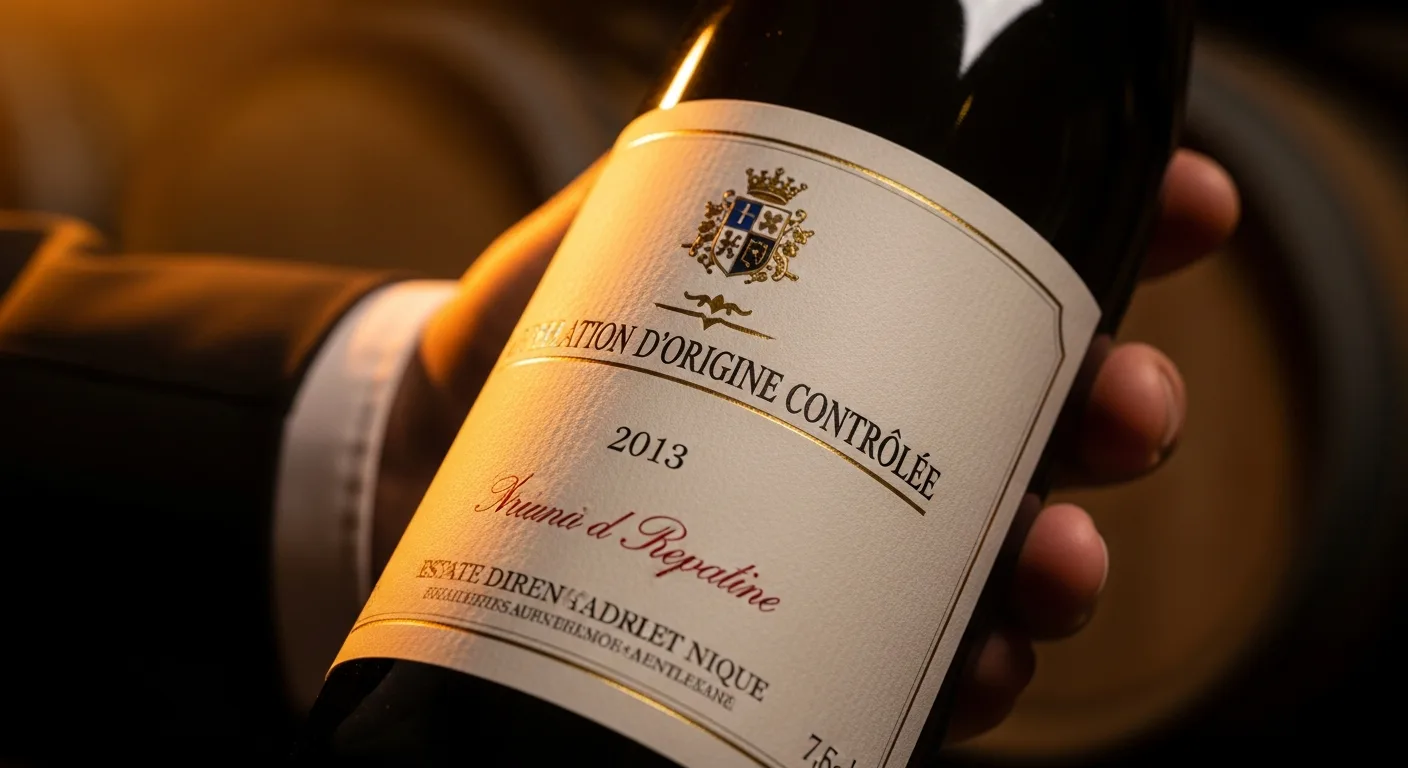 Étiquette dorée AOC sur bouteille de vin français en cave