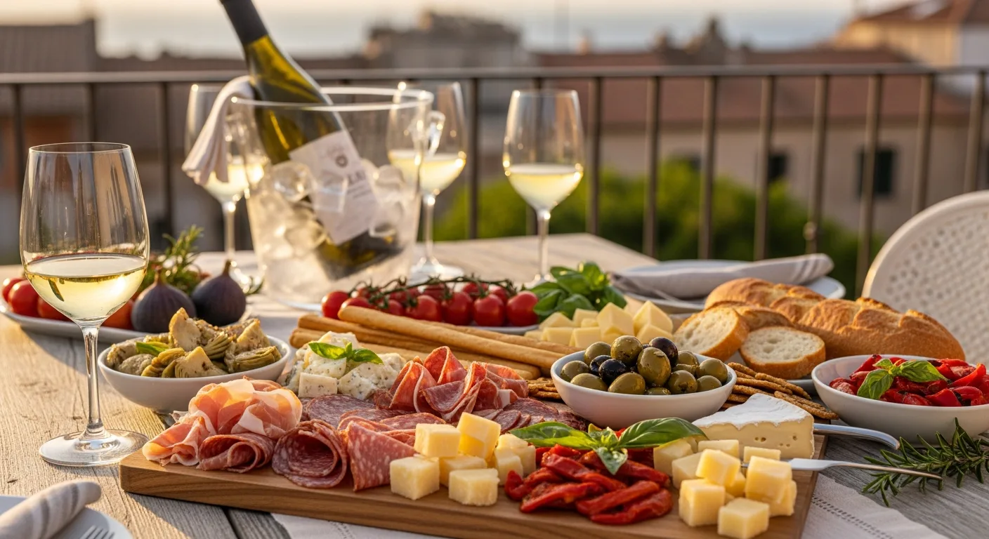 Verres de vin blanc frais et planche d'apéritif sur une terrasse ensoleillée