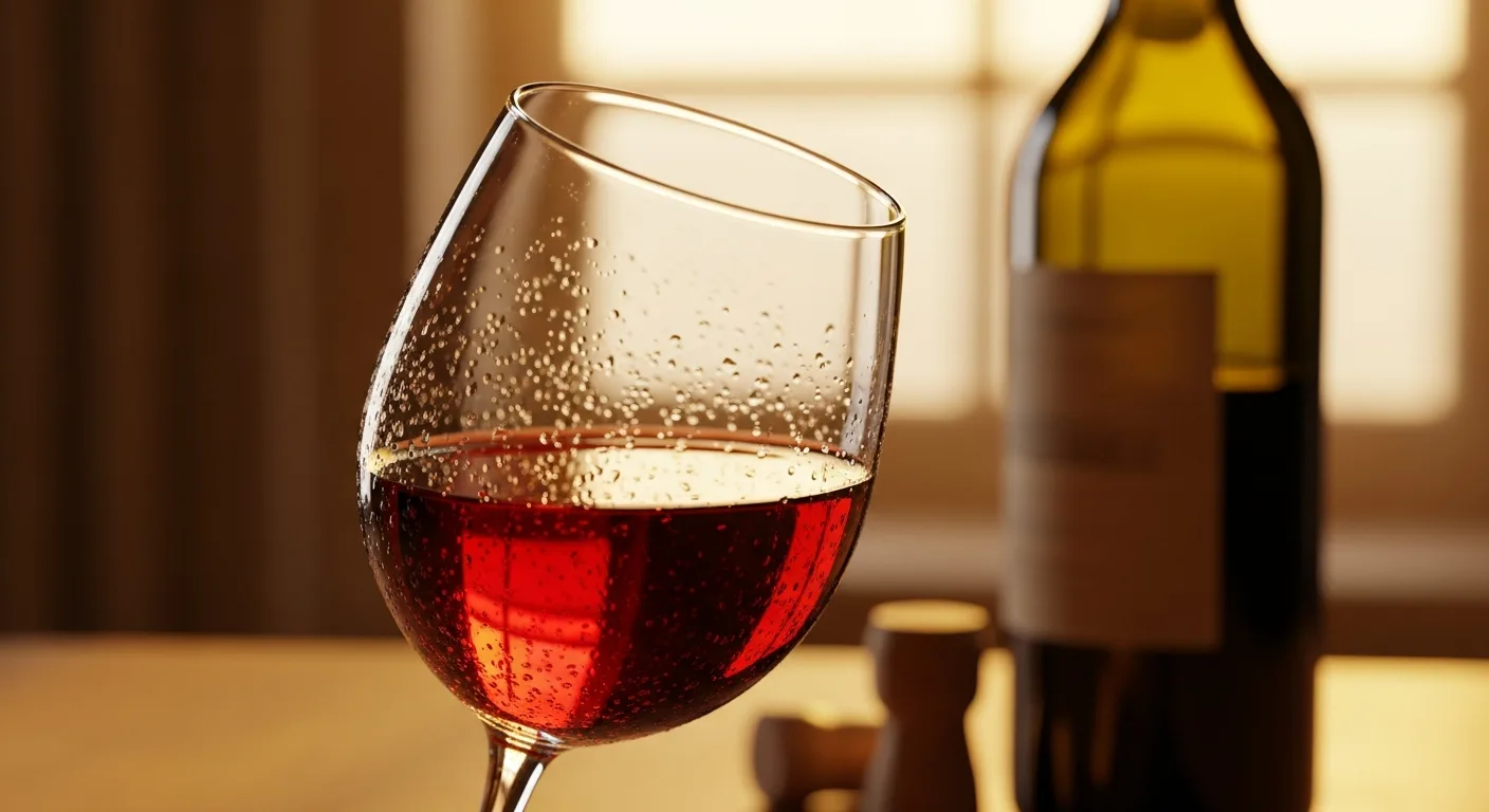 Verre de vin rouge mature en dégustation avec reflets rubis sur table en chene