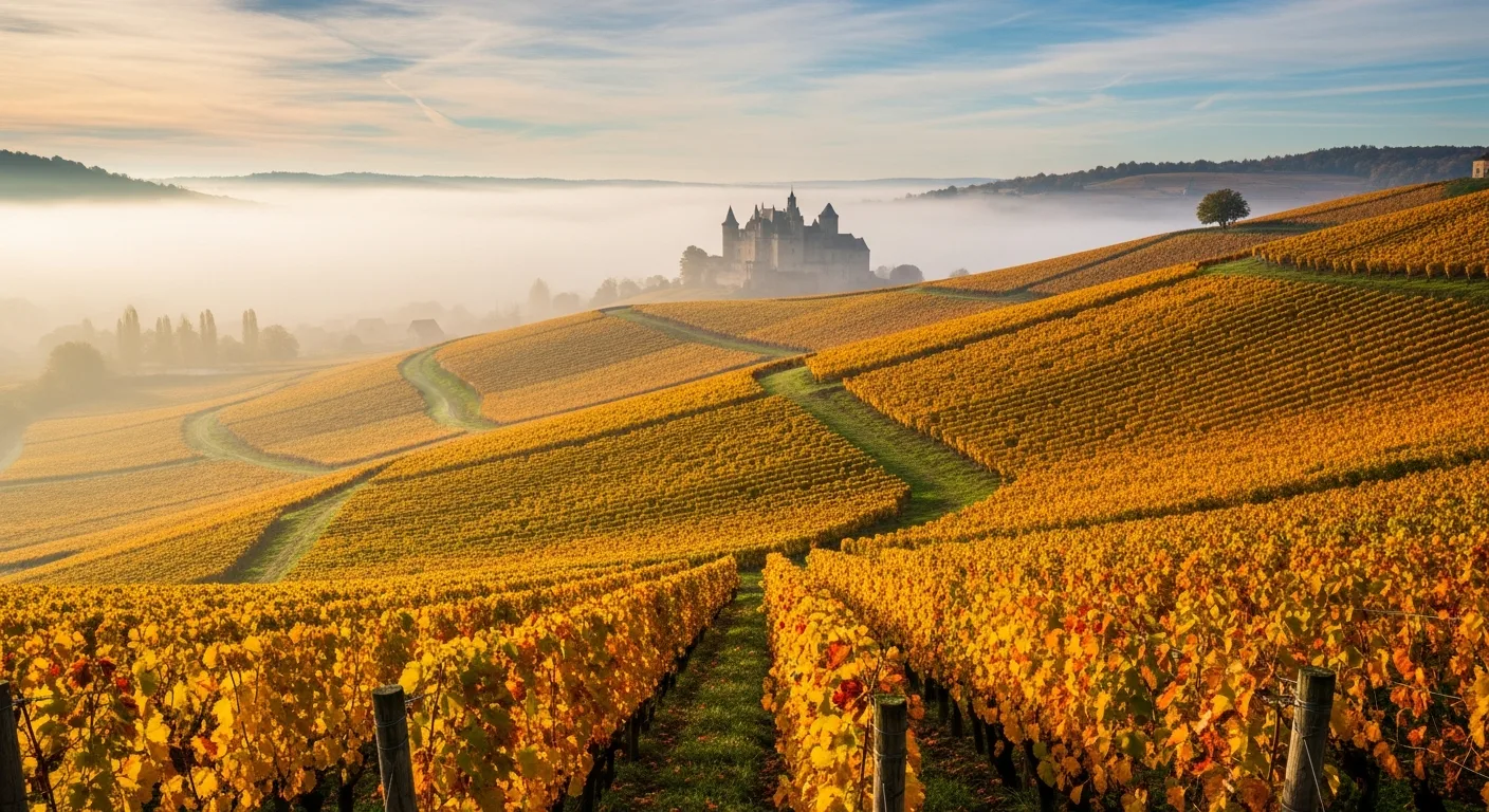 Collines du Beaujolais avec château médiéval et vignes de Gamay en pente
