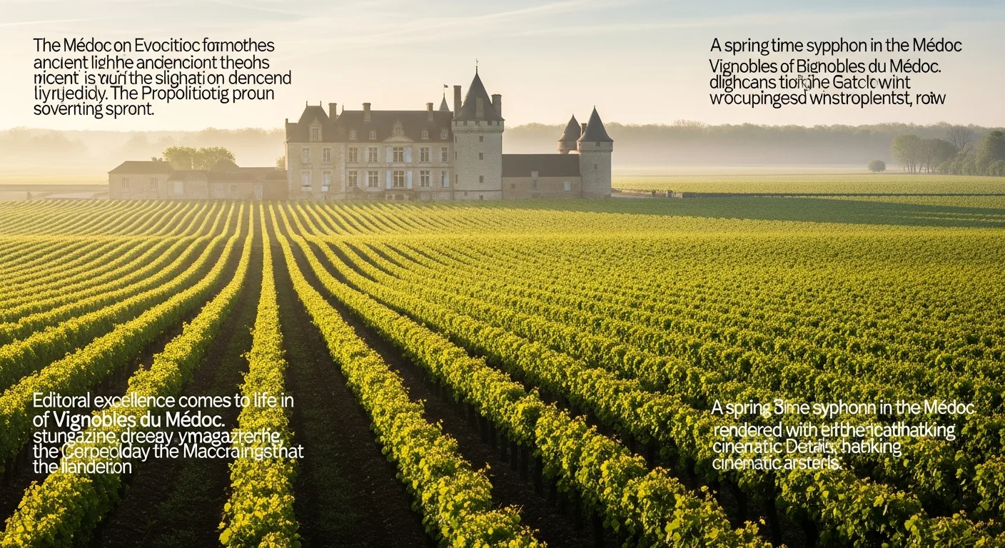 Vignobles du Médoc au printemps avec château bordelais et alignements de vignes