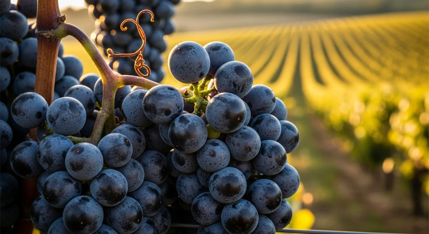 Grappes de Cabernet Sauvignon mûres sur cep dans un vignoble du Médoc