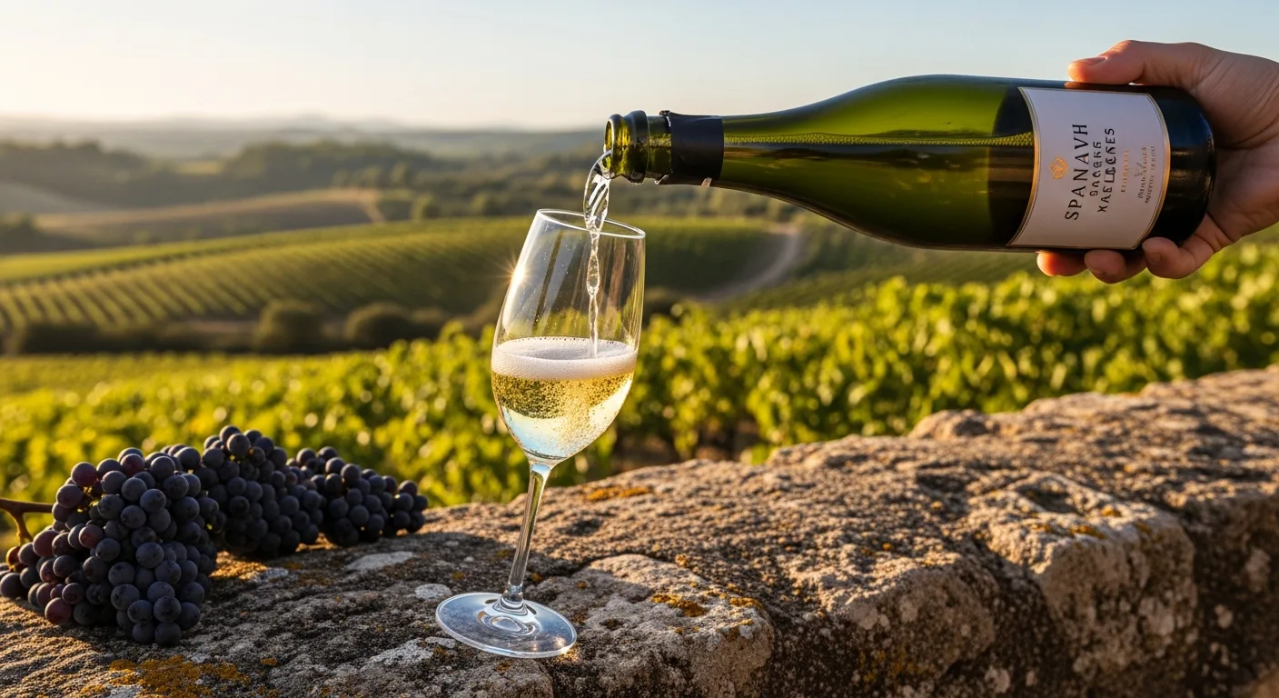Bouteille de Cava avec flûte et vignobles de Penedès en arrière-plan
