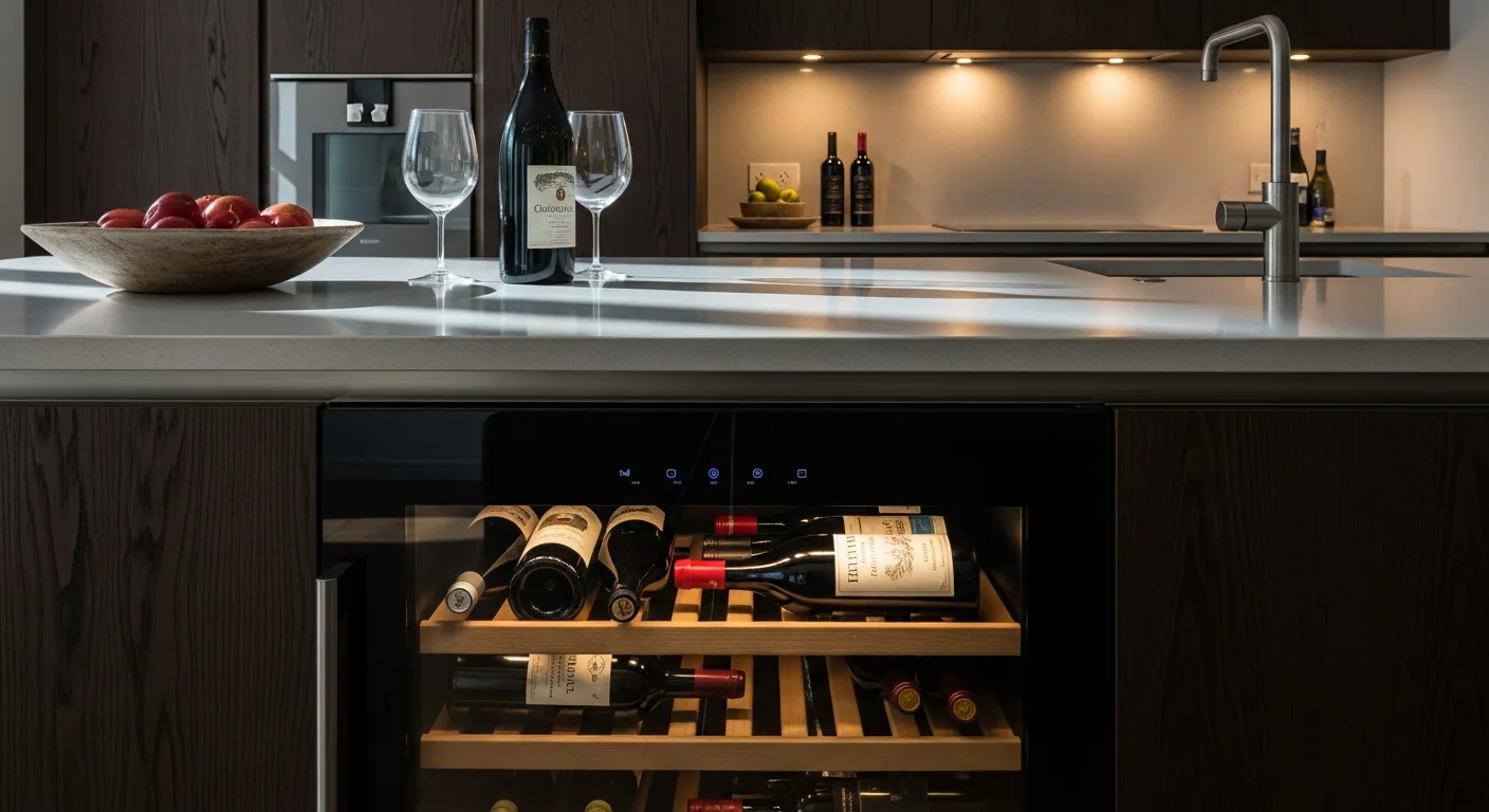 Cave à vin encastrable sous un plan de travail en cuisine moderne avec bouteilles visibles