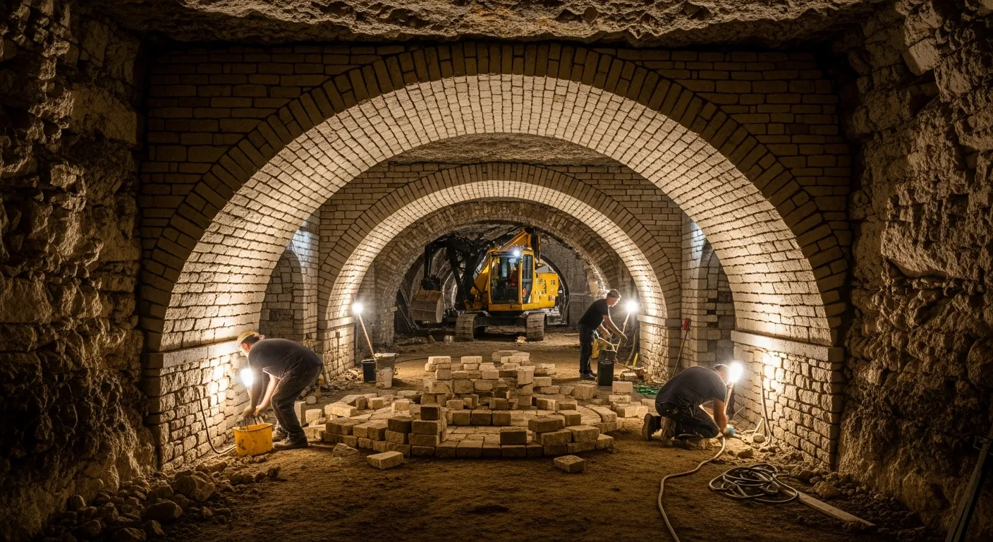 Chantier de construction d'une cave à vin enterrée avec voûte en pierre