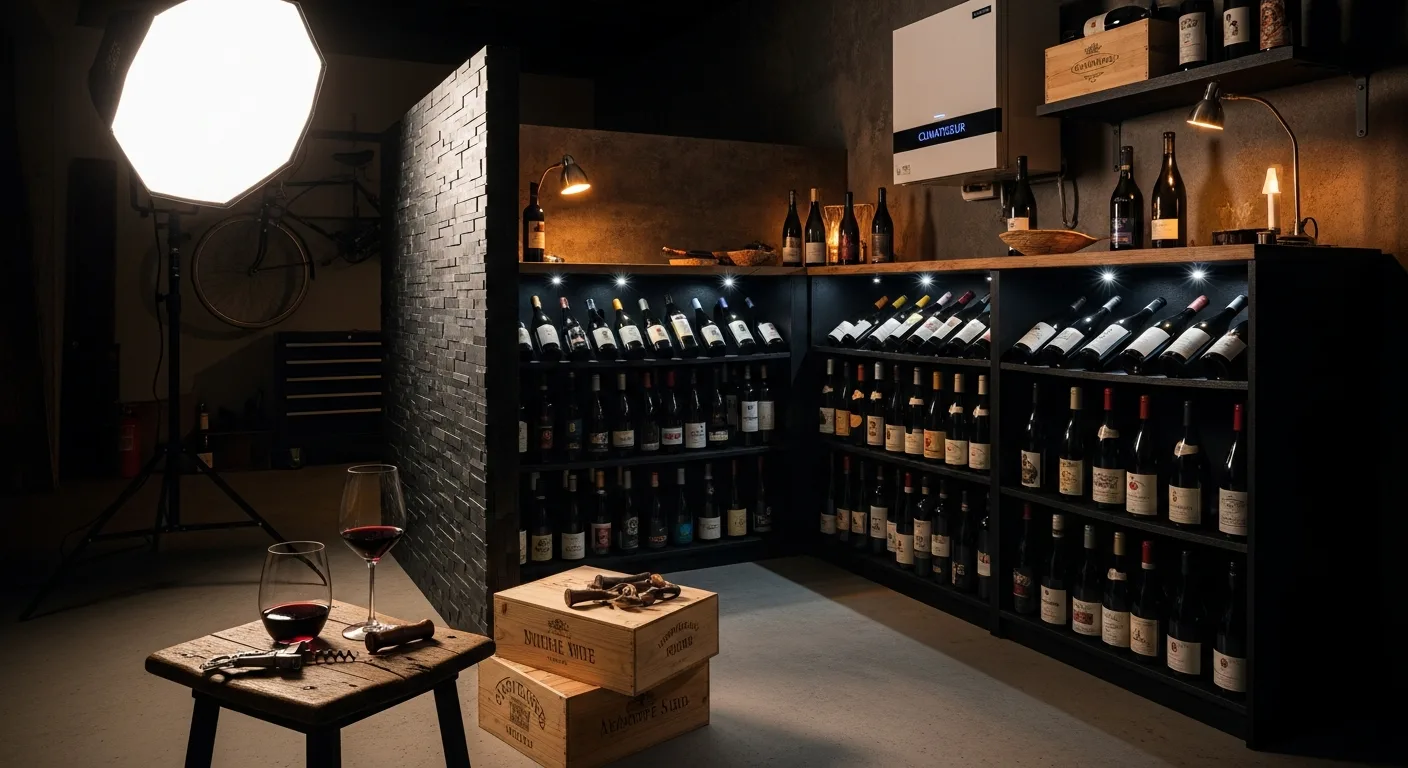 Cave à vin aménagée dans un coin de garage avec cloison isolée et climatiseur