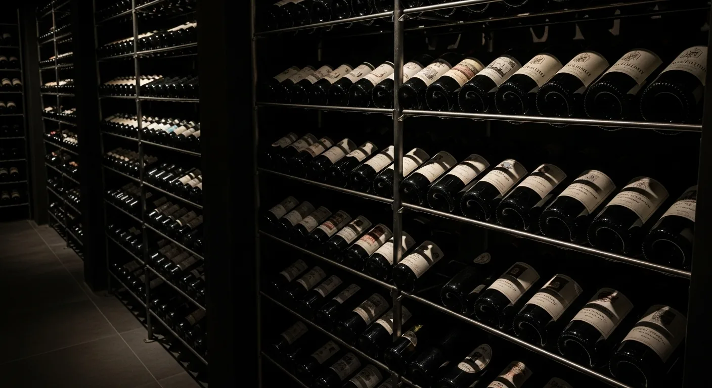 Cave à vin d'investissement avec bouteilles de grands crus classés stockées couchées