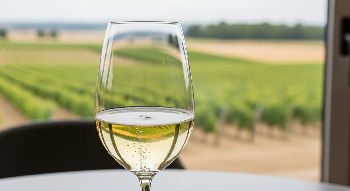 Verre de Champagne Blanc de Blancs avec bulles fines et vignoble de Côte des Blancs