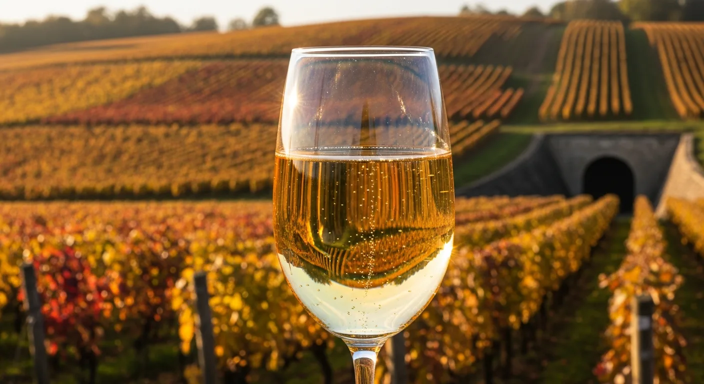 Verre de Champagne Blanc de Noirs doré aux reflets ambrés avec vignoble de Pinot Noir