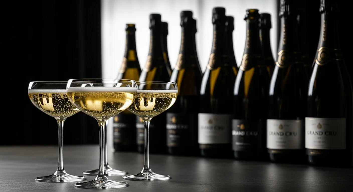 Coupes de Champagne millésimé avec bulles fines devant un alignement de bouteilles de grands crus
