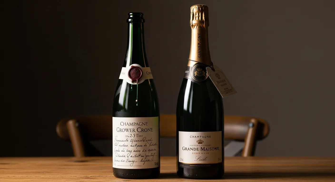 Deux bouteilles de Champagne côte à côte : une de vigneron récoltant et une de grande maison