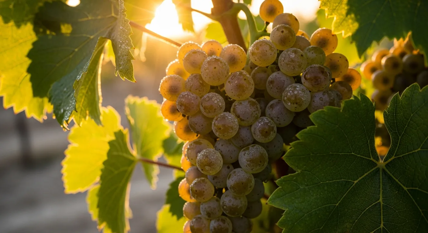 Grappe de raisin Chardonnay doree sur pied de vigne en Bourgogne