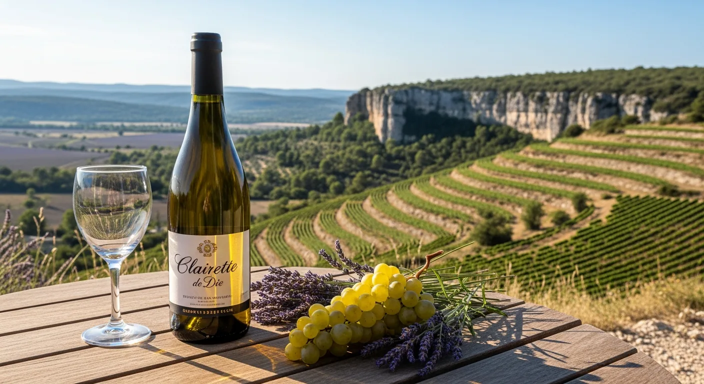 Bouteille de Clairette de Die dans un paysage de vignobles drômois
