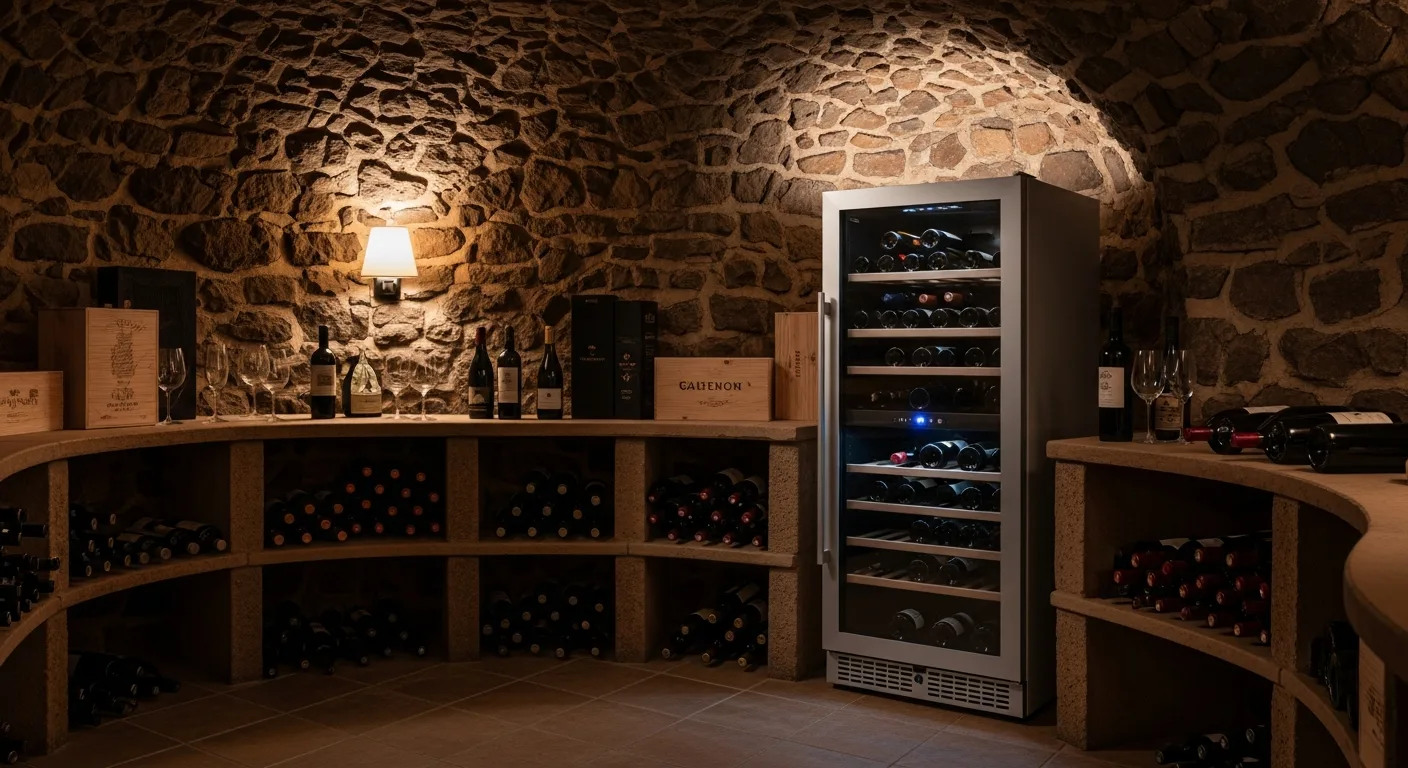 Climatiseur de cave à vin installé dans une cave naturelle aménagée