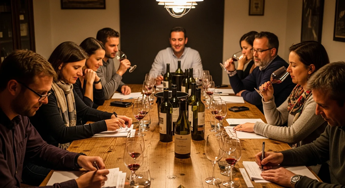 Groupe d'amis dégustant du vin autour d'une grande table en bois