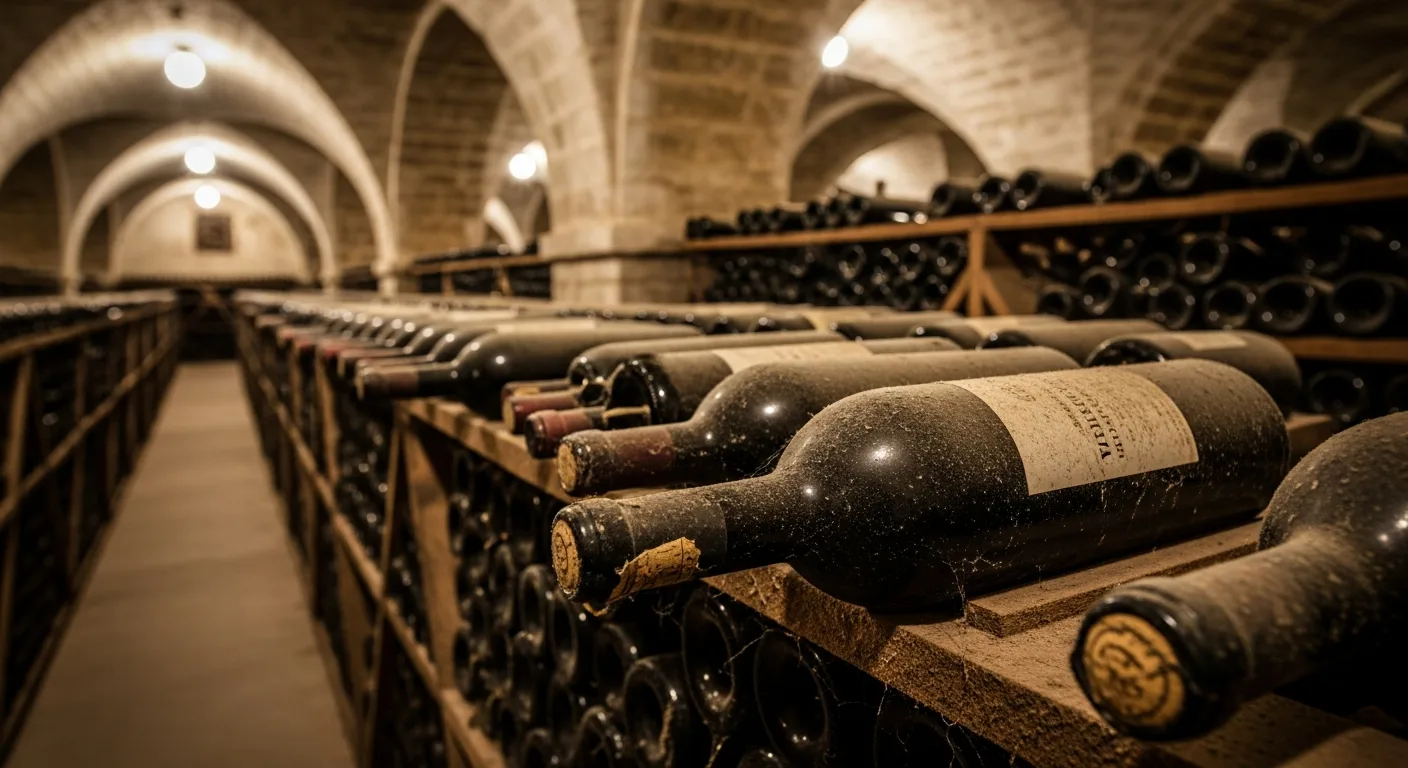 Bouteille de vin ancienne avec bouchon intact dans une cave voûtée