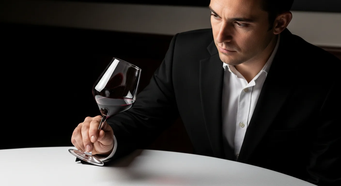 Sommelier en dégustation professionnelle analysant la robe d'un vin rouge