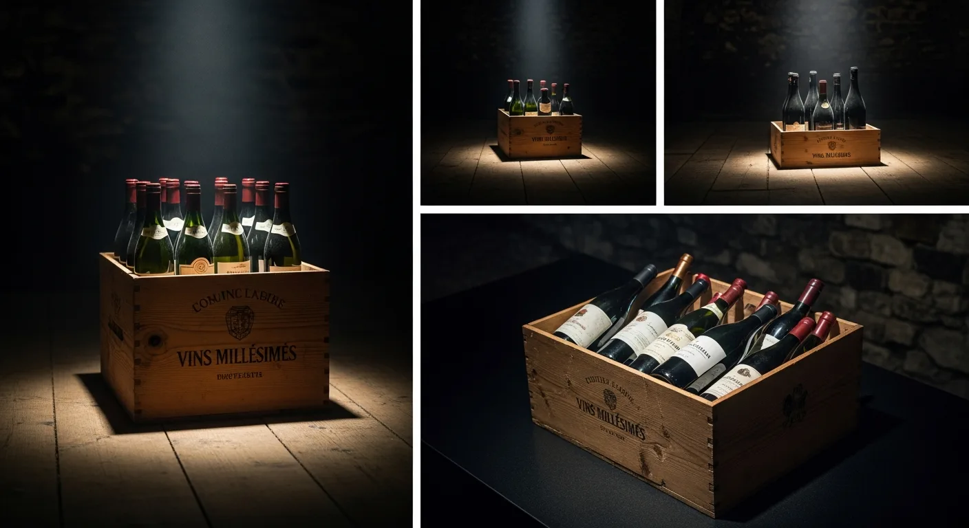 Caisse bois de vins millésimés constituant une cave de naissance pour un enfant
