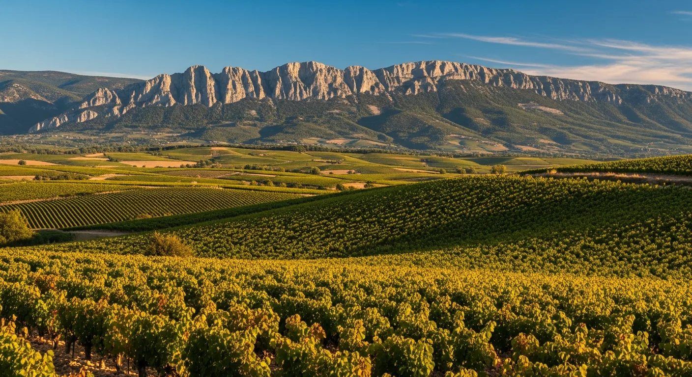 Paysage des Côtes du Rhône avec vignes et dentelles de Montmirail en arrière-plan