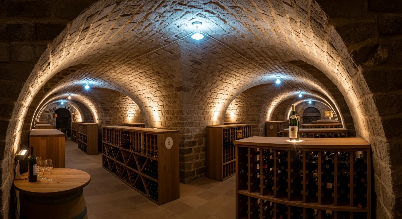 Cave à vin aménagée dans une cave voûtée en pierre avec casiers en bois remplis de bouteilles