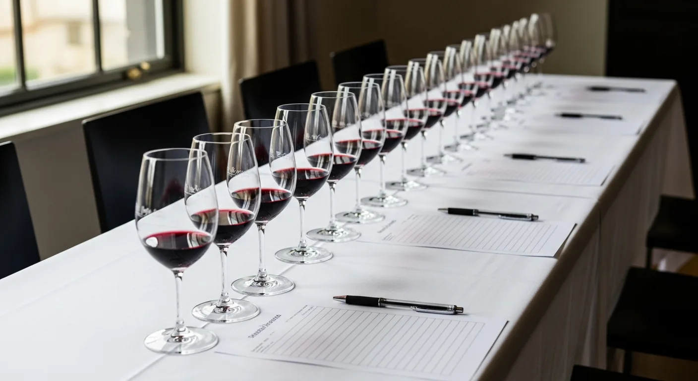 Série de verres de vin alignés pour une dégustation comparative sur table blanche