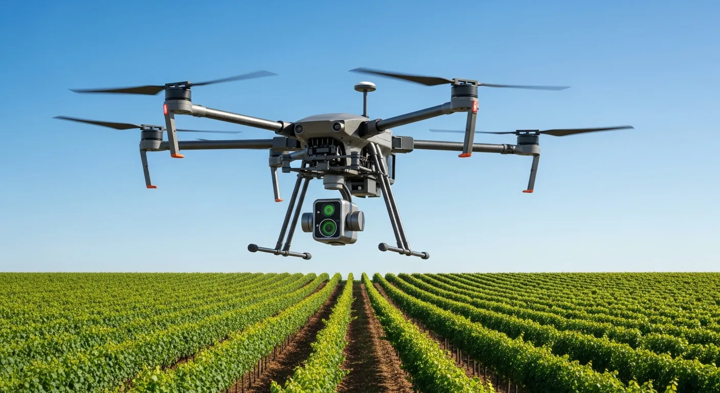 Drone survolant des rangs de vigne avec caméra multispectrale embarquée