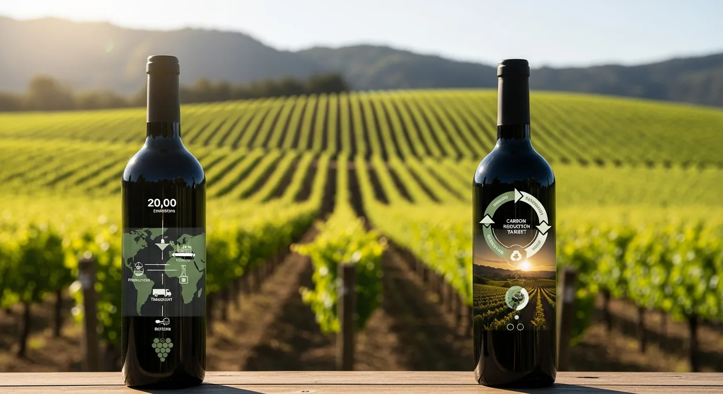 Bouteille de vin avec pictogramme empreinte carbone et vignoble verdoyant en arrière-plan