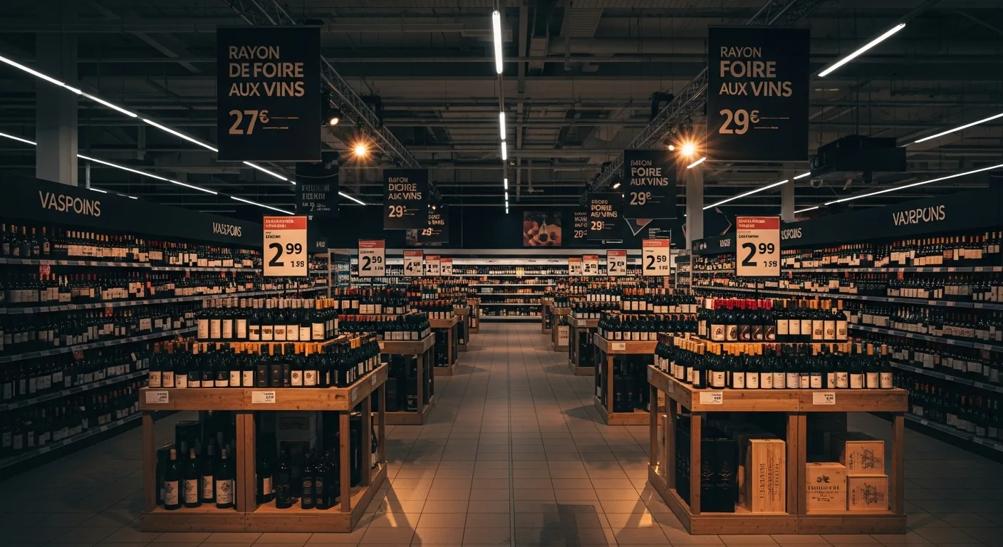 Rayon de foire aux vins dans une grande surface avec présentoirs de bouteilles et étiquettes de promotion