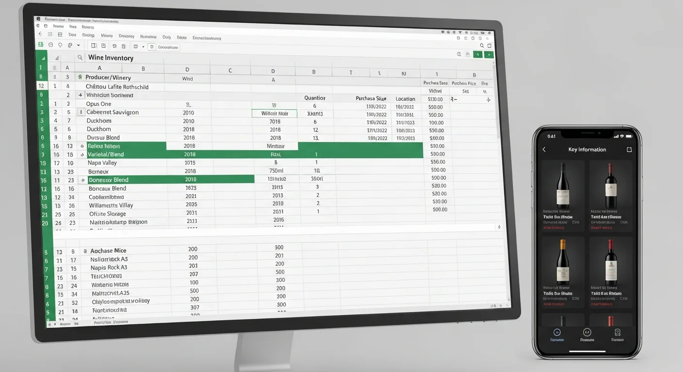 Écran d'ordinateur avec tableur Excel à gauche et application de gestion de cave à droite