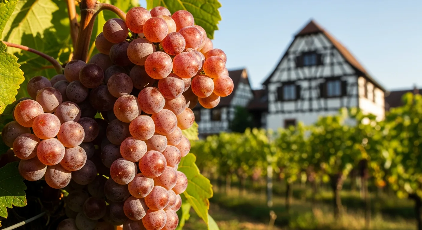 Grappe de Gewurztraminer rosée sur pied dans vignoble d'Alsace