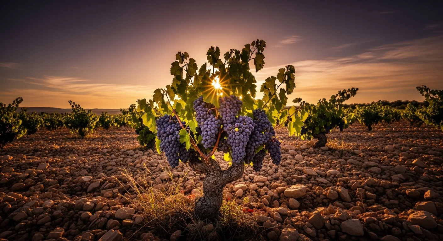 Grappes de Grenache mûres sur une vigne en gobelet dans les vignobles de Châteauneuf-du-Pape