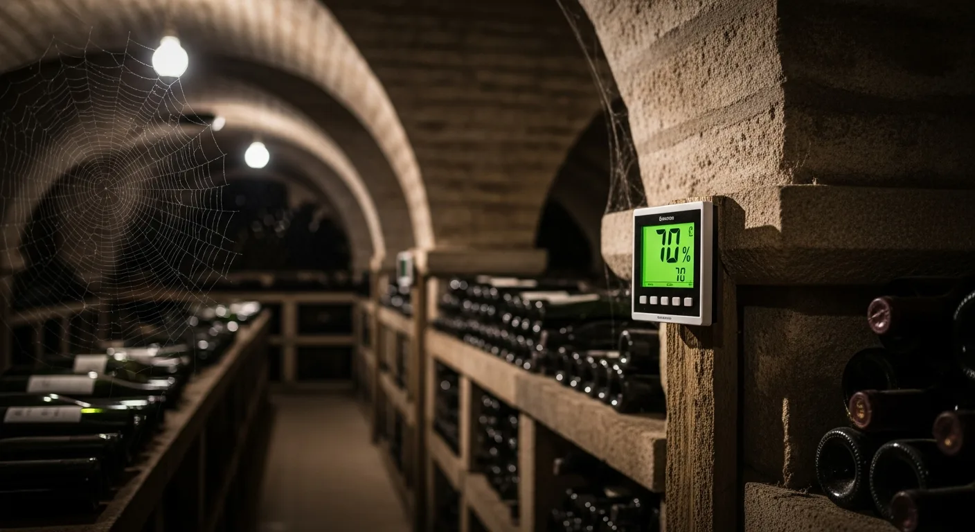 Hygromètre numérique affichant 70 pourcent d'humidité dans une cave à vin