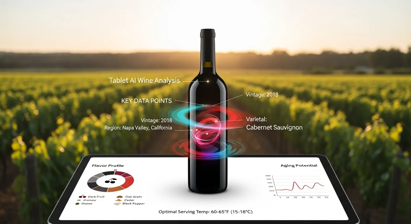 Écran d'application IA analysant une bouteille de vin avec des données superposées