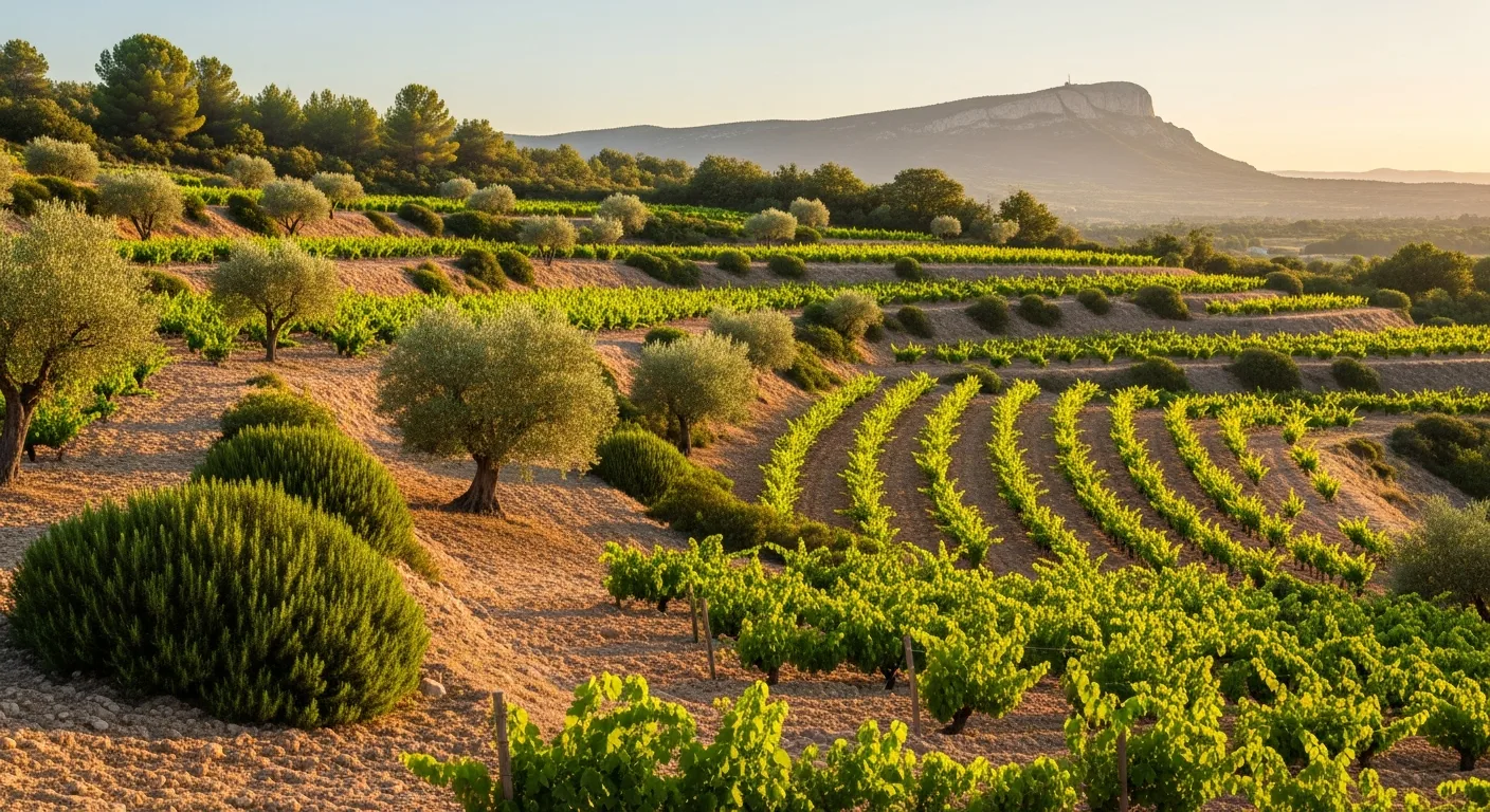 Vignoble en terrasses du Languedoc avec garrigue et oliviers