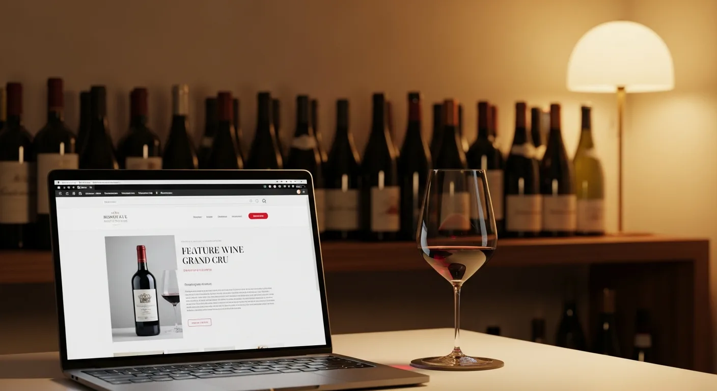 Écran d'ordinateur montrant un site e-commerce de vente de vin en ligne avec bouteilles