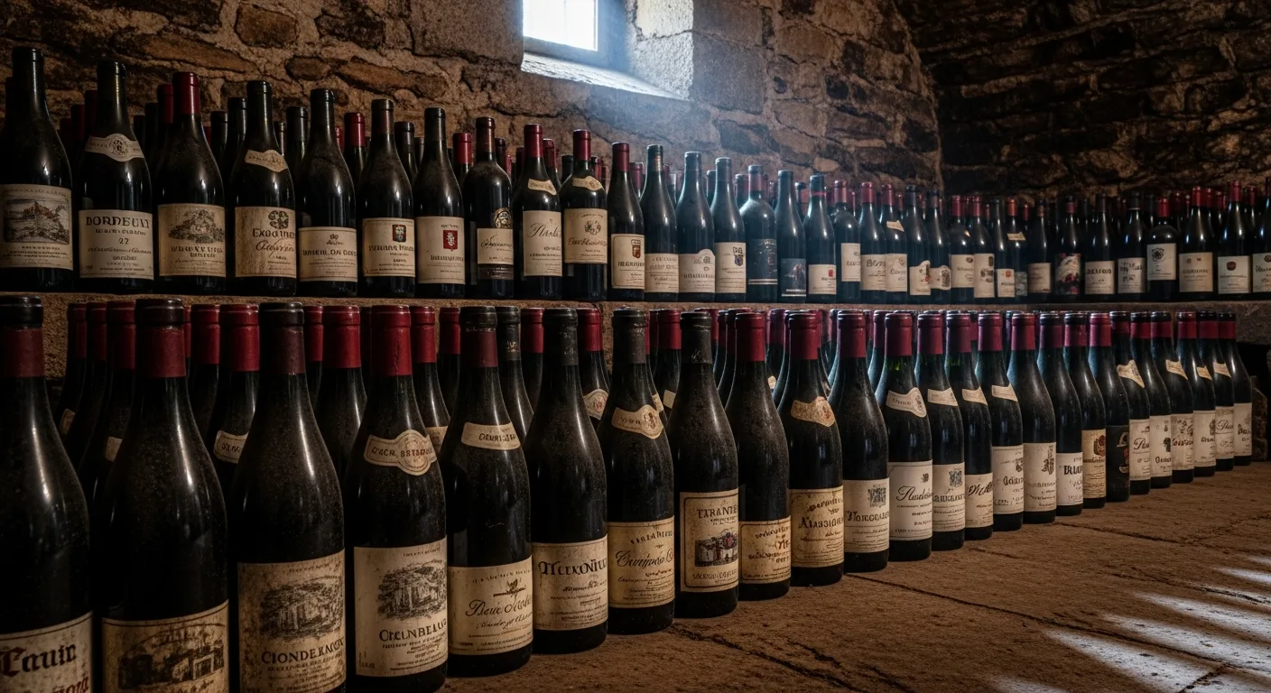 Bouteilles de vin 2021 dans une cave avec étiquettes de millésime visible