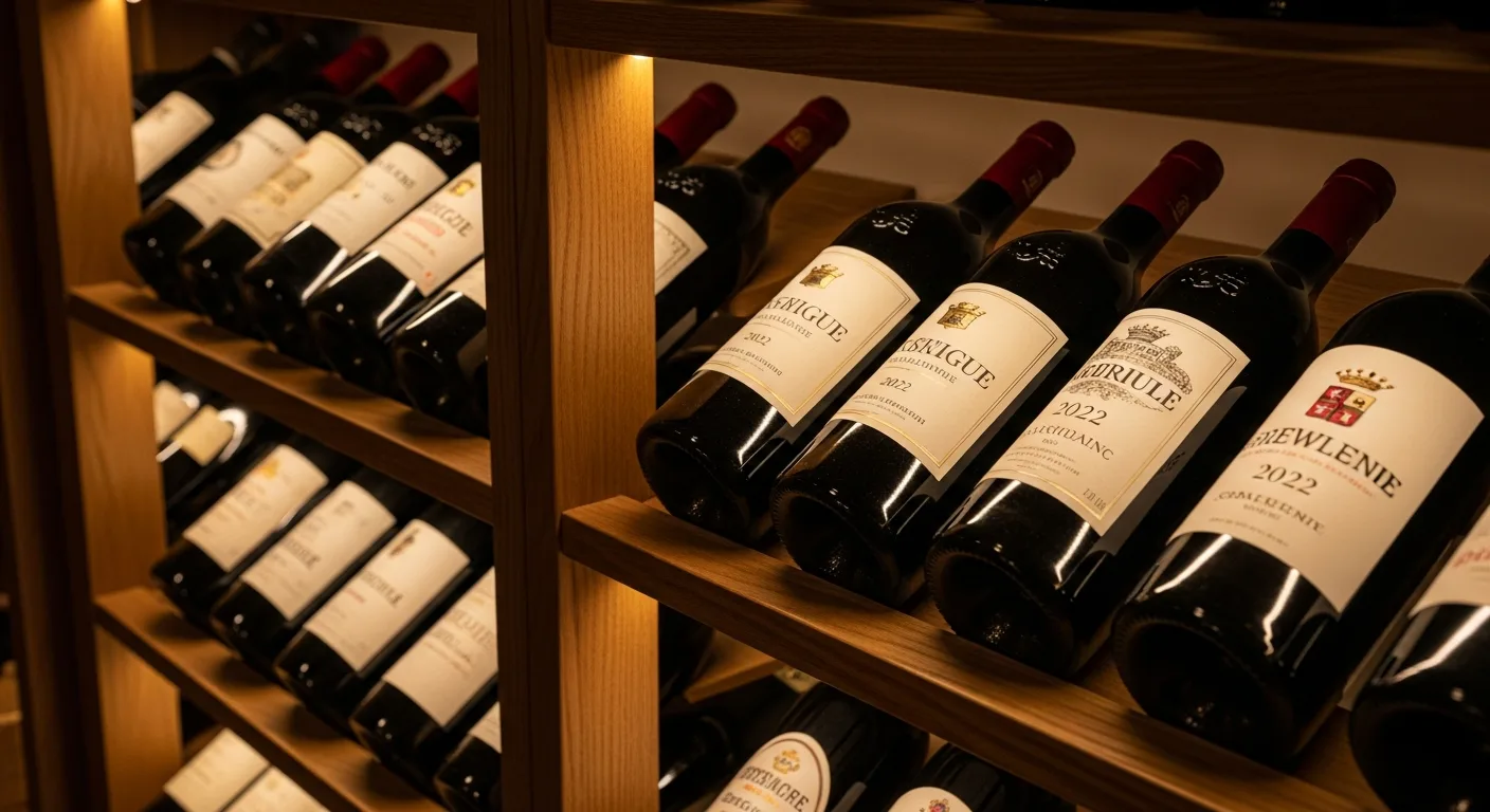 Bouteilles de vin millésime 2022 rangées dans une cave bien organisée
