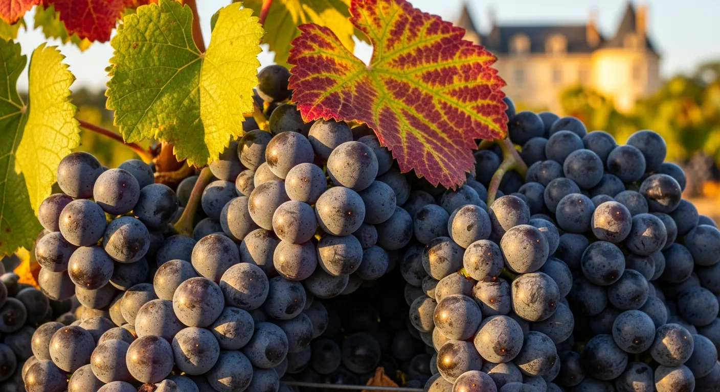 Grappes de Merlot bien mûres dans un vignoble de Pomerol à l'automne