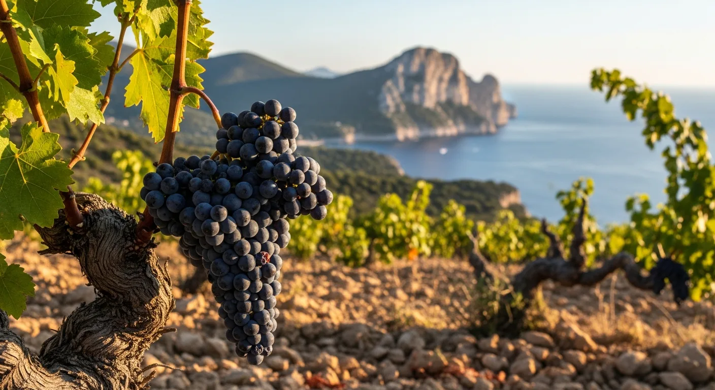Grappe de Mourvèdre noire sur pied au Domaine de Bandol