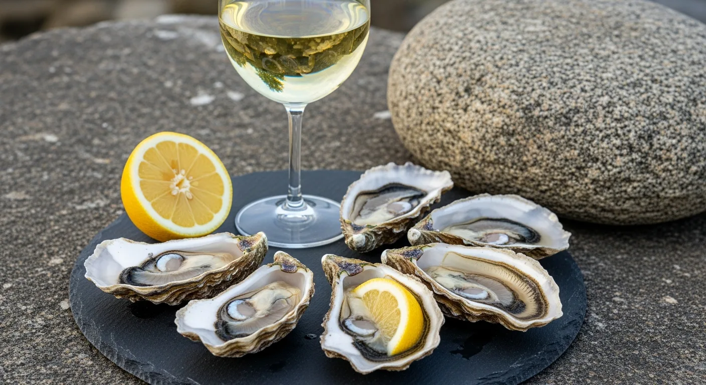 Verre de Muscadet avec plateau d'huîtres et citron