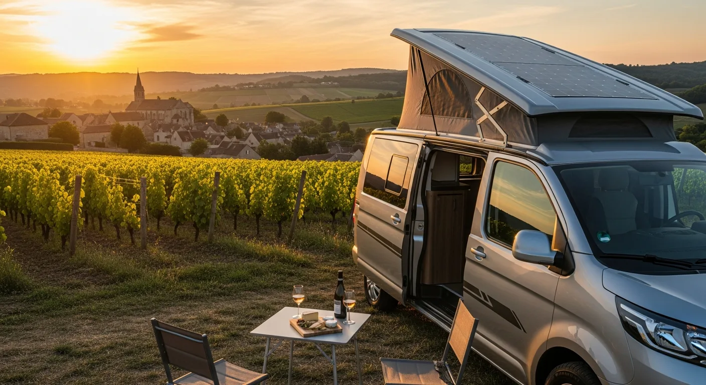 Camping-car garé devant un vignoble en Bourgogne au coucher du soleil