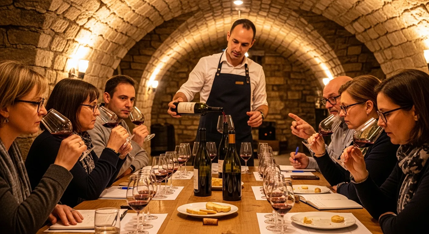 Groupe en stage d'œnologie dégustant du vin dans une cave