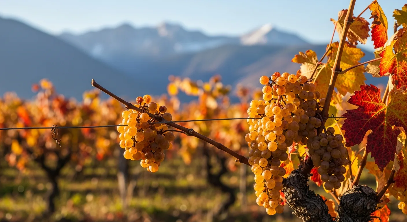 Grappe de Petit Manseng passerillée sur pied dans un vignoble du Jurançon