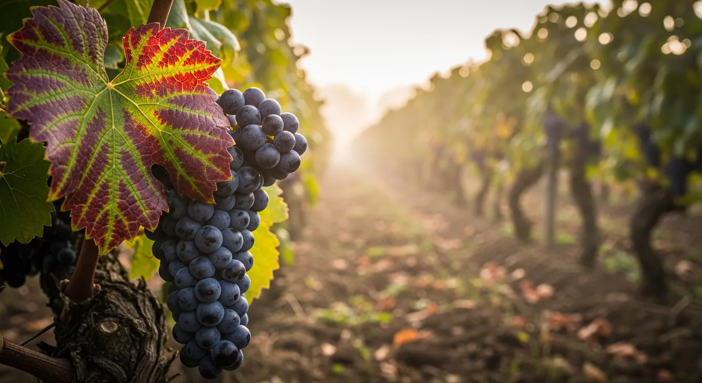 Grappe de Pinot Noir mure sur pied de vigne dans la Cote de Nuits