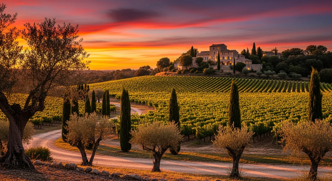 Vignoble provençal avec cyprès et oliviers au coucher de soleil